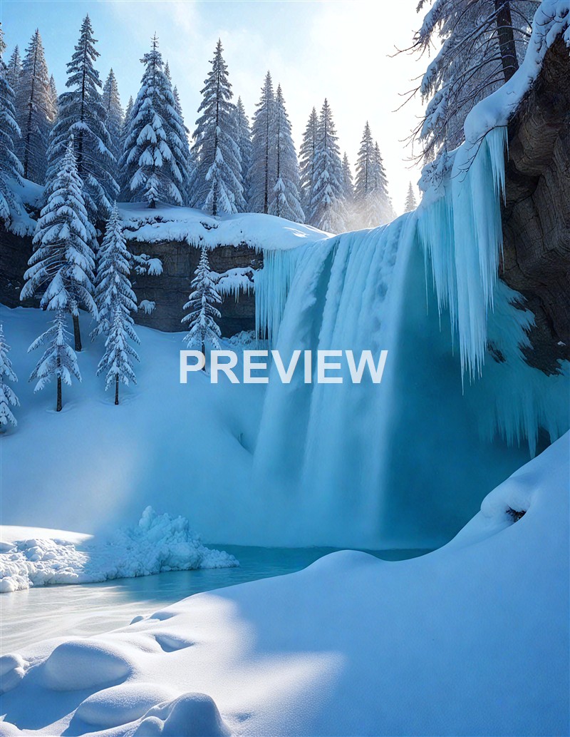 A winter landscape featuring a waterfall partially frozen with icicles, surrounded by snow-covered trees and a snow-blanketed ground under a bright sky.